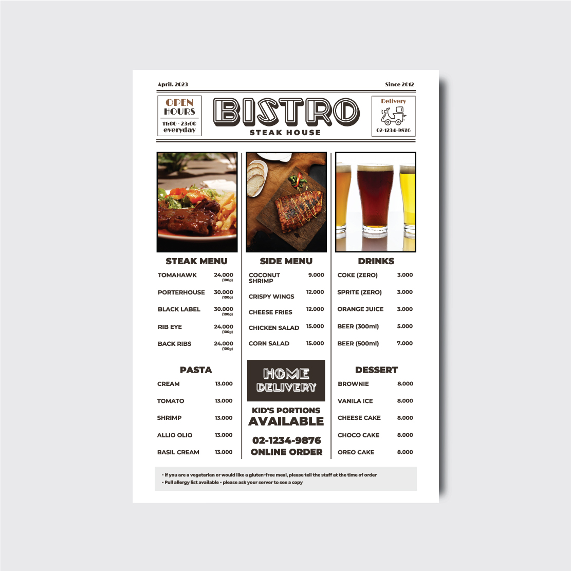 레트로 빈티지 미국 카페 식당 스테이크 파스타 메뉴판 디자인 인쇄 [poi334]